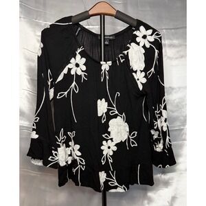 INC International Concepts Floral Embroidered Blouse Black White Boho Top S